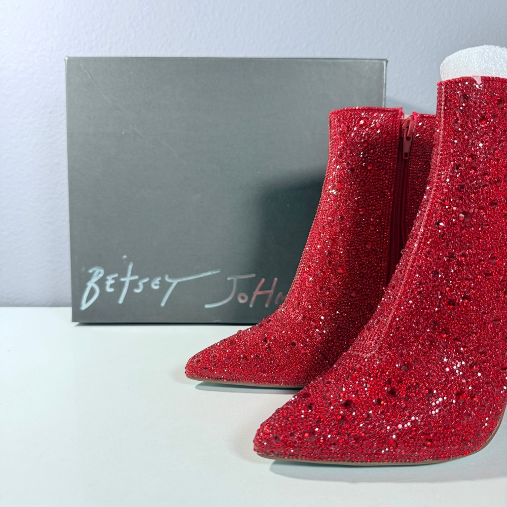 Betsey Johnson SB-Cady Red Rhinestone Glass Stone Block Heel Ankle Boots 5.5M - Picture 10 of 12